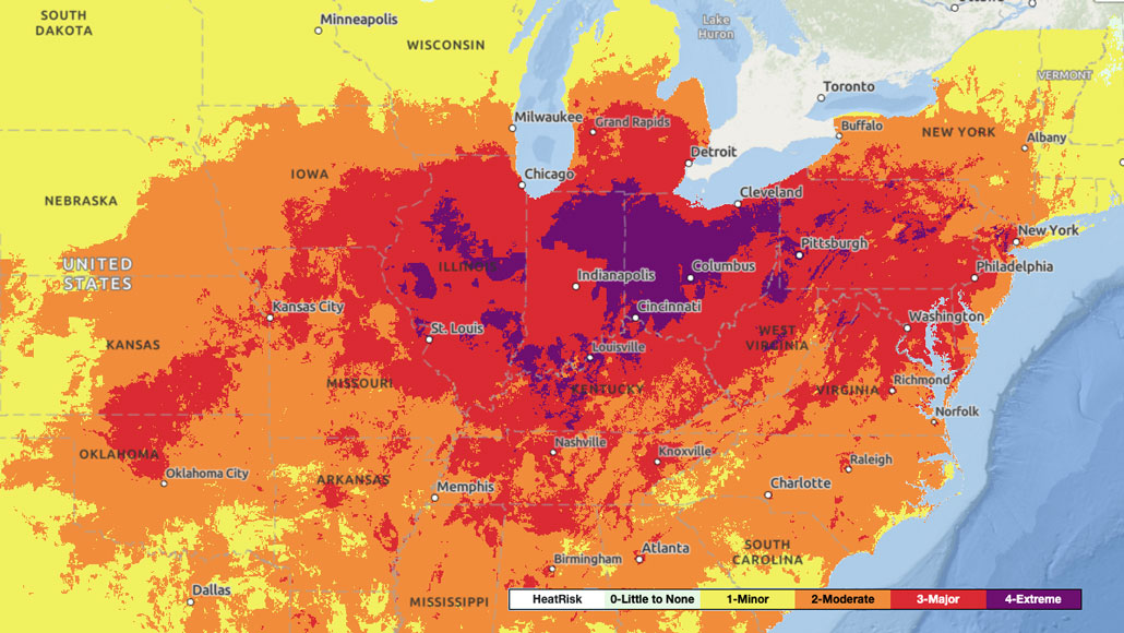 A map of the western and eastern states of the United States shows the risks of extreme heat on June 22. Magenta, or extreme risk, in Ohio, Indiana and Illinois is surrounded by red, or high risk. Orange, or moderate risk, includes red and purple, extending from Texas to Wisconsin and New York. The rest of the states in the picture are yellow, or at low risk.